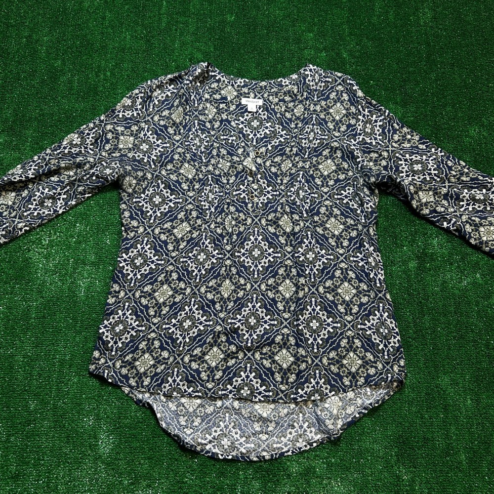 Westport Blouse Medallion Floral 3/4 Tie Sleeve Navy Blue Green Medium